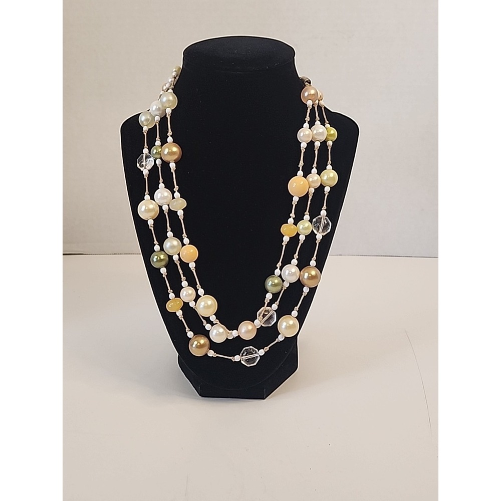Triple Strand Floating Faux Pearl Beaded Necklace Signed "N" & 20 in Long